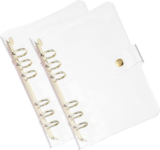 PATIKIL A6 Clear Binder Cover, 2Pcs Soft PVC Loose Leaf Binder Protector Refillable Notebook Shell with Snap Button Closure 6 Ring for DIY Meeting Notebook Folder, Gold Tone