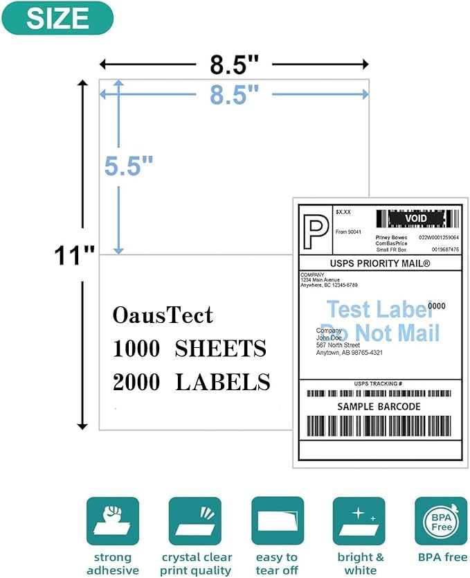 Shipping Address Label Stickers Paper for Laser and Inkjet Printer (1000 Sheets, 8.5" x 5.5" (2-UP）)