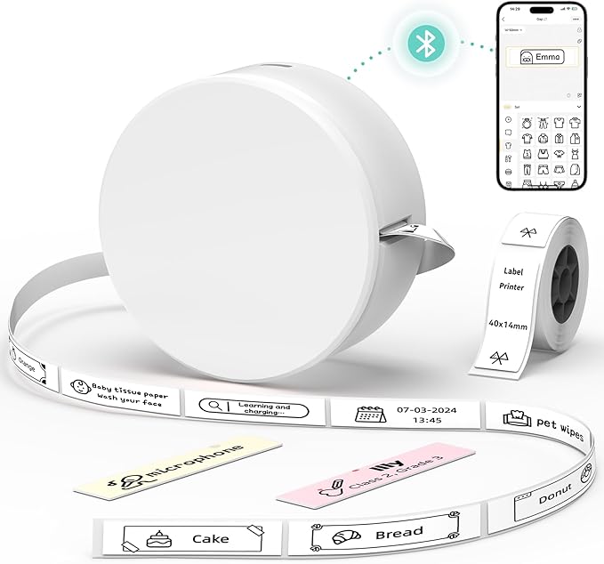 Label Maker Machine with Tape, Portable Mini Label Printer, HP3 Bluetooth Sticker Maker Machine with Multiple Templates for Office Home Small Business Organization, Small Thermal Label Printer, White