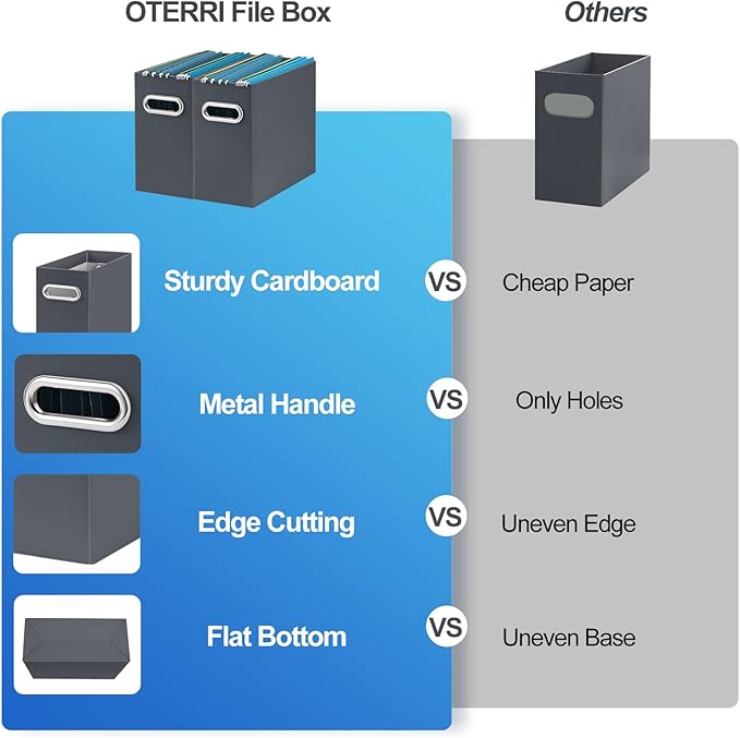 Oterri File Organizer, Small Storage Box, Cardboard File Folder Organizer, Collapsible File Box, Hanging File Organizer for Letter Size, Portable File Box with Handle, Only Box (Dark Grey,4 Packs)