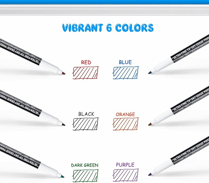 maxtek Dry Erase Markers Ultra Fine Tip, 0.7mm, Low Oror, Extra Fine Point Dry Erase Markers for Planning Whiteboard, Calendar Boards, 6 Count