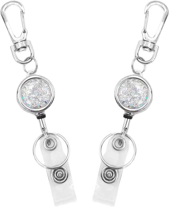 2 Pack Glittery Silver Retractable Badge Reel Keychain, Heavy Duty Retractable Badge Holder for ID Card and Keys