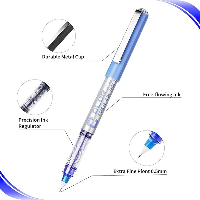 EYEYE Blue Rollerball Pens 0.5mm, 6 Pack Extra Fine Point Liquid Ink Roller Ball Needle Pen Quick Dry, Pen Fine Point Smooth Writing Pens for Journaling, Note Taking, Office, School Supplies