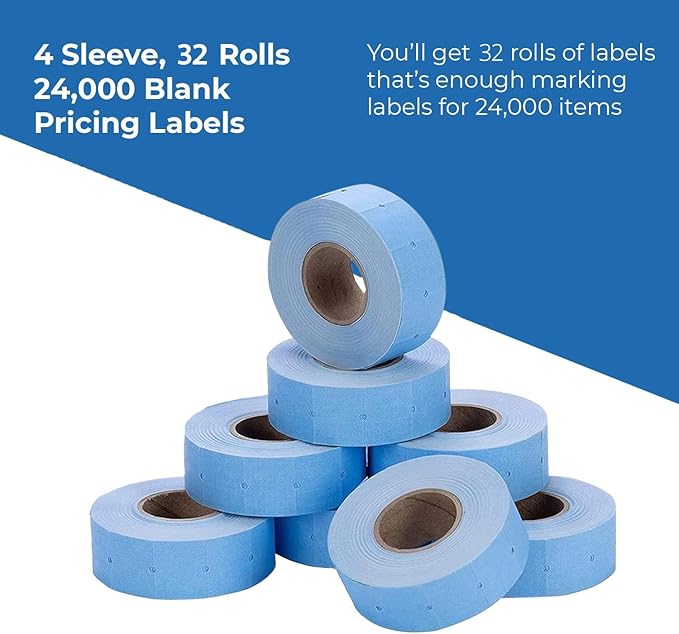 Perco 2 Line Blue Labels - 32 Rolls, 4 Sleeves, 24,000 Blank Price and Date Gun Labels for Perco 2 Line Price and Date Guns - Made in USA