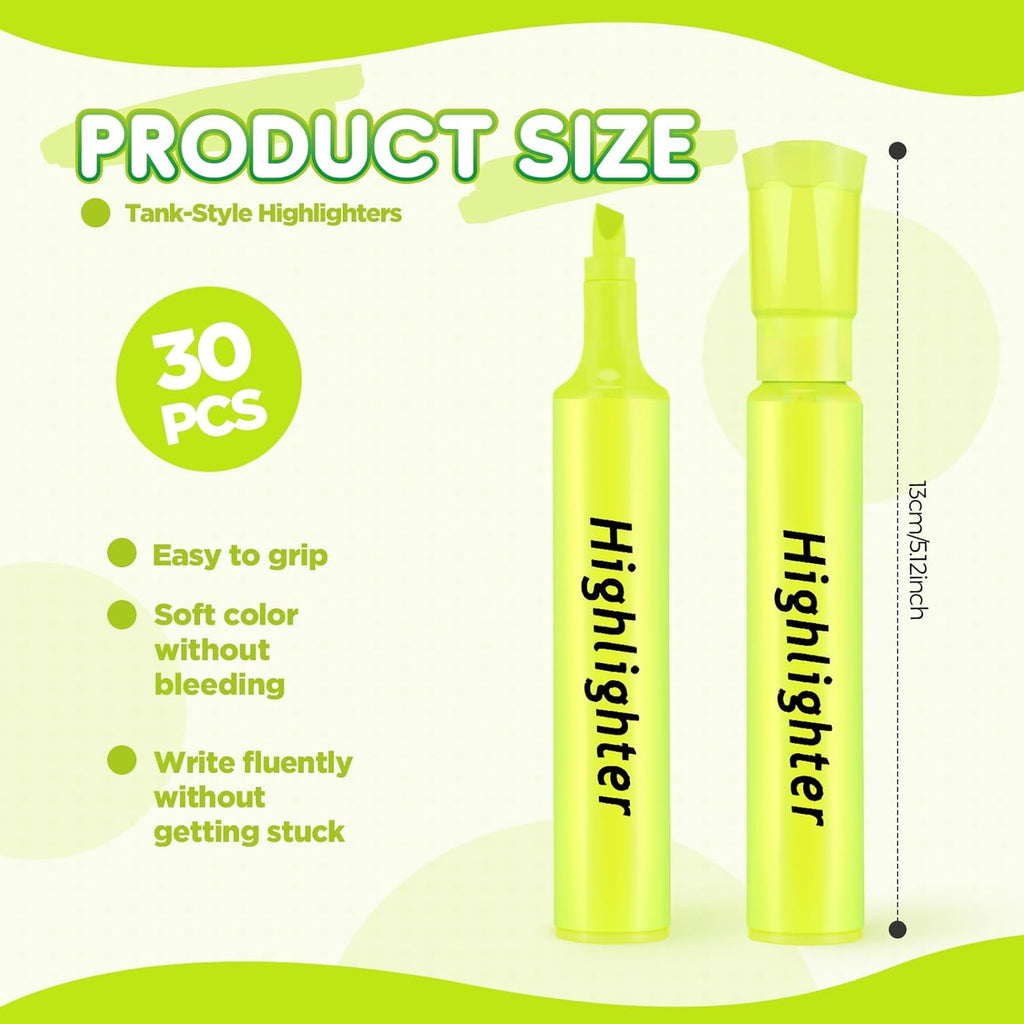 Qilery 30 Pack Highlighters Bulk, Tank Style Chisel Tip Highlighters Markers Quick Drying for Kids and Adult Coloring, Classroom Home Office School Supplies (Yellow)