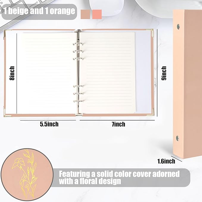 Koogel 2 Sets 6-Ring Binders, Refillable Binder 2 Colors 7"x9" Planner Binder for Journaling Collections with 70 Sheets Ruled Refill Paper