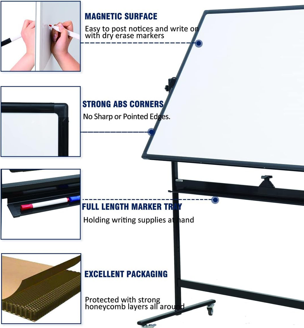 72" x 40" Height-Adjustable Mobile Whiteboard | Double-Sided Magnetic Dry Erase Board on 360° Rolling Stand | Large Reversible Black Whiteboard for Office, Classroom & Home