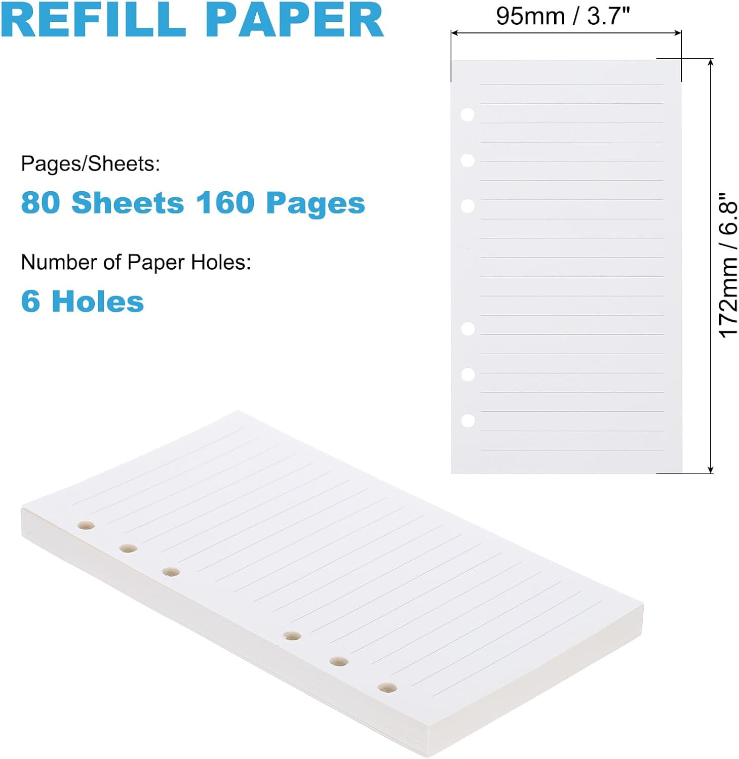 PATIKIL A6 Ruled Refills Inserts 6-Ring Binder Loose Leaf Planner Filler Paper Planner Inserts, 80 Sheets/160 Pages, Lined, White