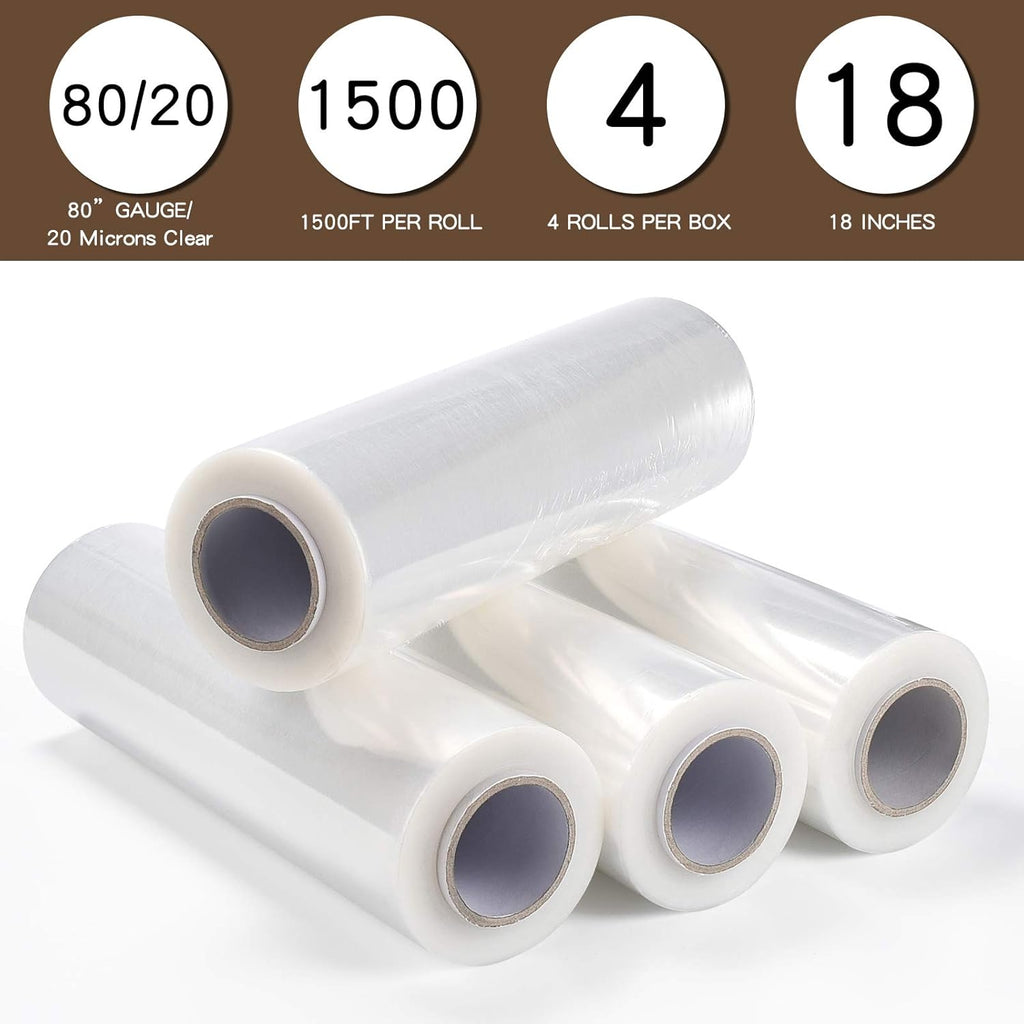 18" x 1500ft x 80 Gauge Thick (20 Micron) Clear Cast Pallet Stretch Wrap Film [Pack of 4 Rolls, 1500' Per Roll, Total 6000']