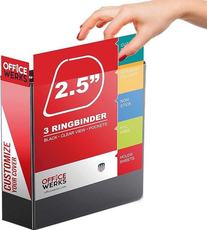 3 Ring Binder, 2.5 Inch D Ring Binders, 8.5" x 11" Presentation Folder View Binder with Pockets, Durable Non-Stick Customizable Clear View Cover for Documents, Files, Projects (Black)