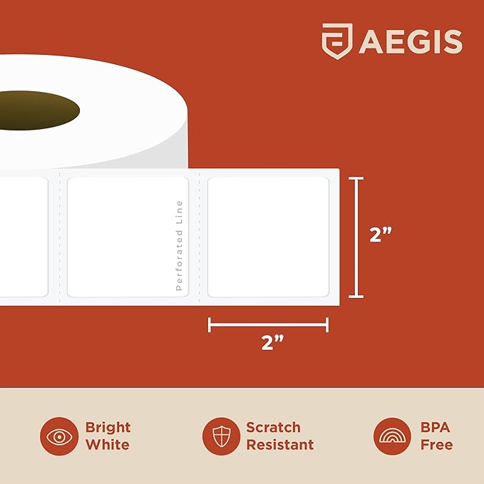 Aegis Adhesives - 2” X 2” Square Direct Thermal Multipurpose Labels for QR Codes, Barcodes, Perforated & Compatible with Rollo, Zebra, & Other Desktop Label Printers (12 Rolls, 700/Roll)