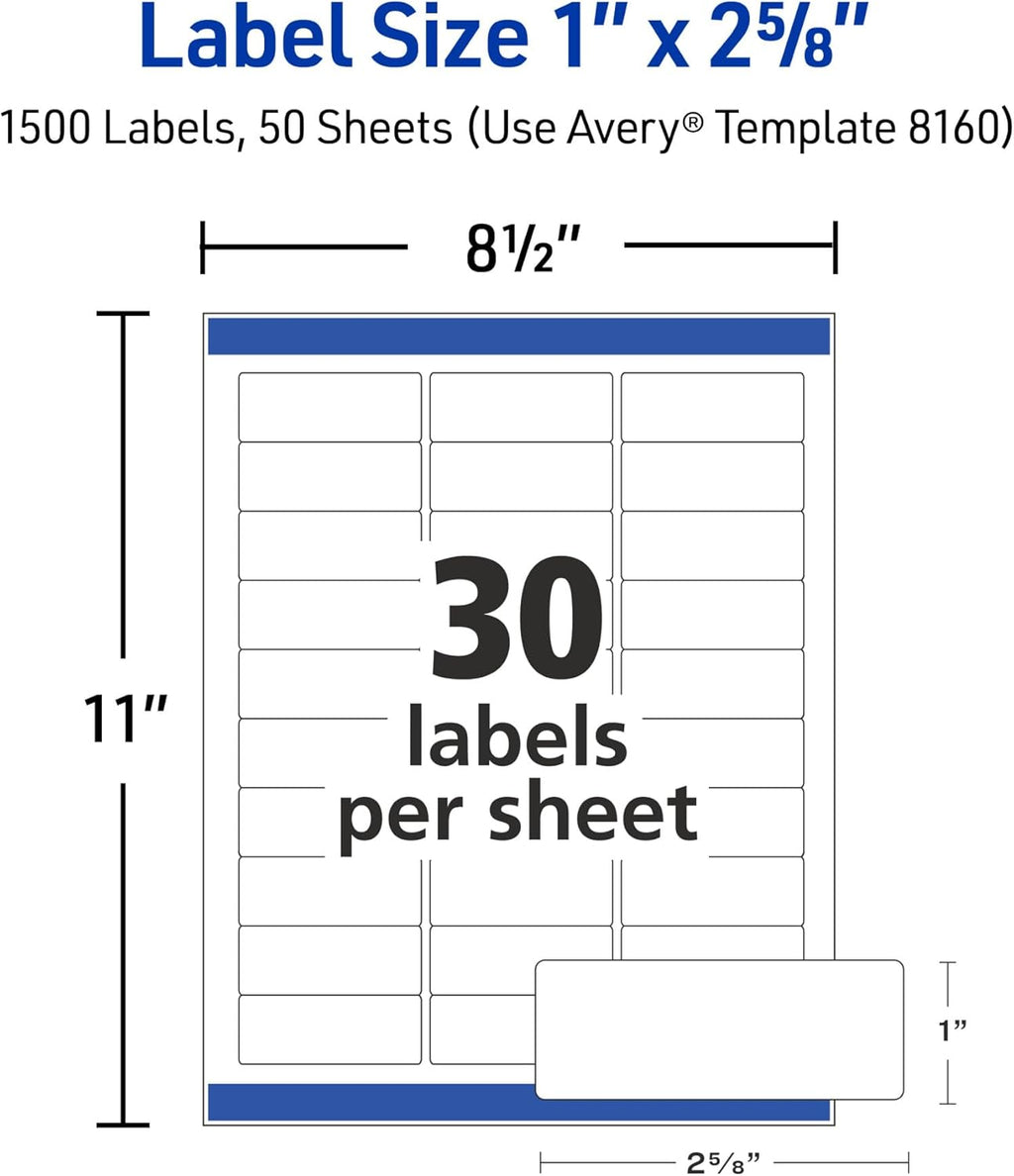 Avery Easy Peel Printable Address Labels with Sure Feed, 1" x 2-5/8" Customizable Stickers, White, 1,500 Blank Mailing Labels, Great for Mailing, Shipping, and More (2-Pack of 08160)