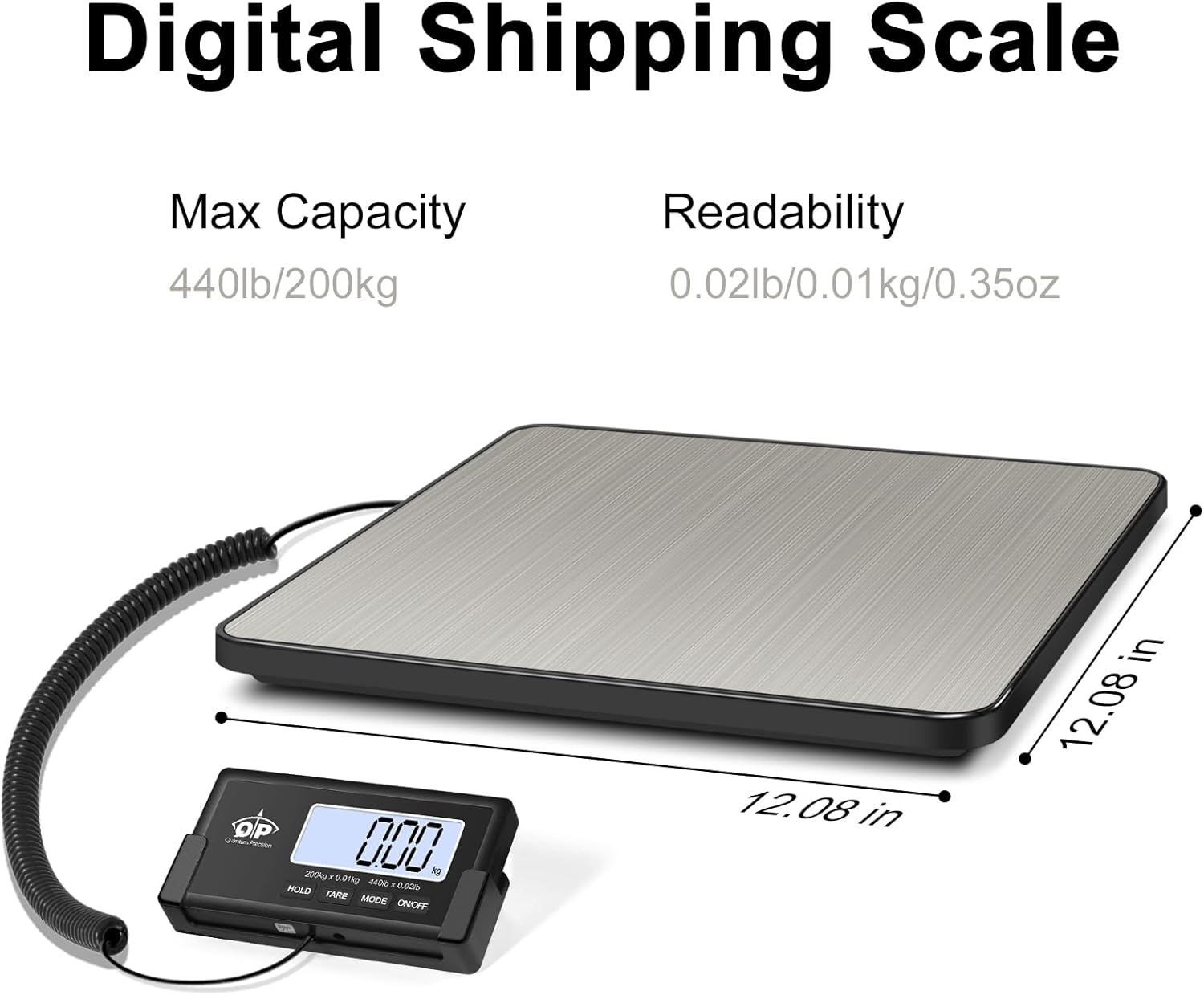 QP Shipping Scale, 440 lb/0.35 oz High Accuracy Digital Postal Scale, Postage Scale, Hold/Tare Function, Auto Off LCD Display, Lightweight Scale for Packages/Luggage/Pet, Battery & AC Adapter Included