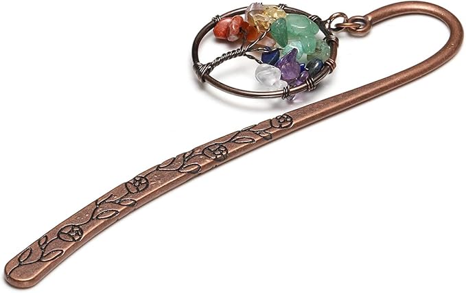 Jovivi Antique Copper Metal Bookmark Beading Bookmarks with Handmade 7 Chakra Tree of Life Tumbled Gemstones