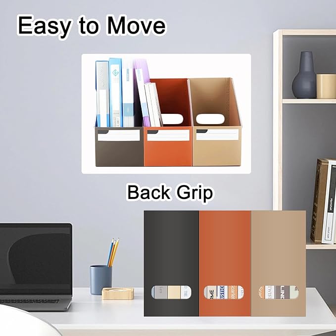 SAYEEC Plastic Magazine File Holder, 3 Pack Foldable Folder Holder with Labels, Vertical File Paper Organizer Magazine Storage Box Rack Book Bins for Desk (3 Colors (Coffee, Khaki, Orange))