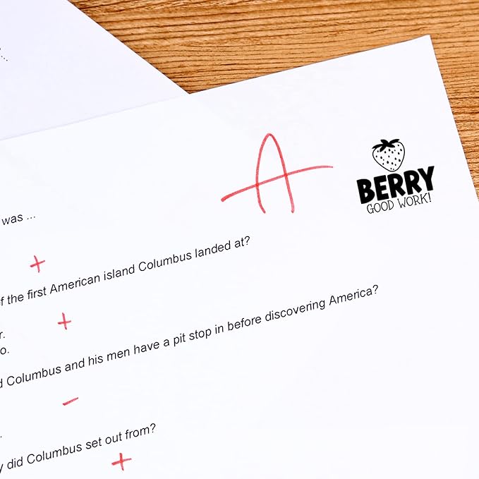 Berry Good Work Stamp / 2000 Plus Self Inking Teacher Strawberry Fruit Food Themed Stamper / 9/16" Round Small Black Imprint Planner Worksheet School Homework Classroom Stamp