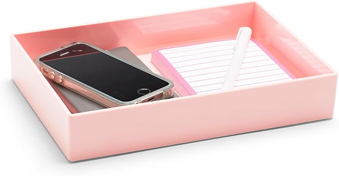 Poppin Stackable Medium Accessory Tray - Modular Lacquer Desk Trays for Office Organization, Color-Coordinated Office Supplies for Desk, Paper Trays (Blush Pink, Medium Accessory)