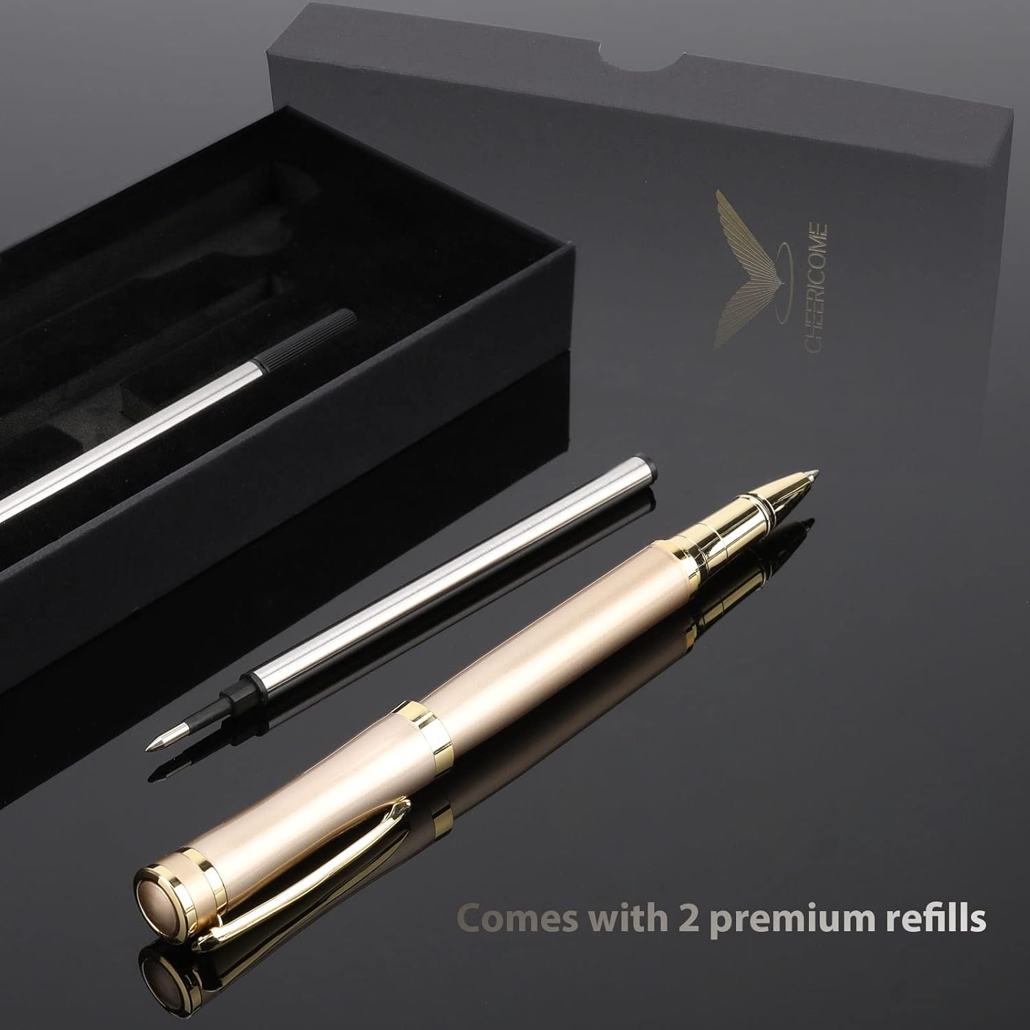 cheericome Luxury Ballpoint Pen - Professional & Executive, Perfect for Silky Smooth Writing, with Gift Box, Nice Pen for Men & Women, 2 Extra 0.5mm Black Refills - Gold