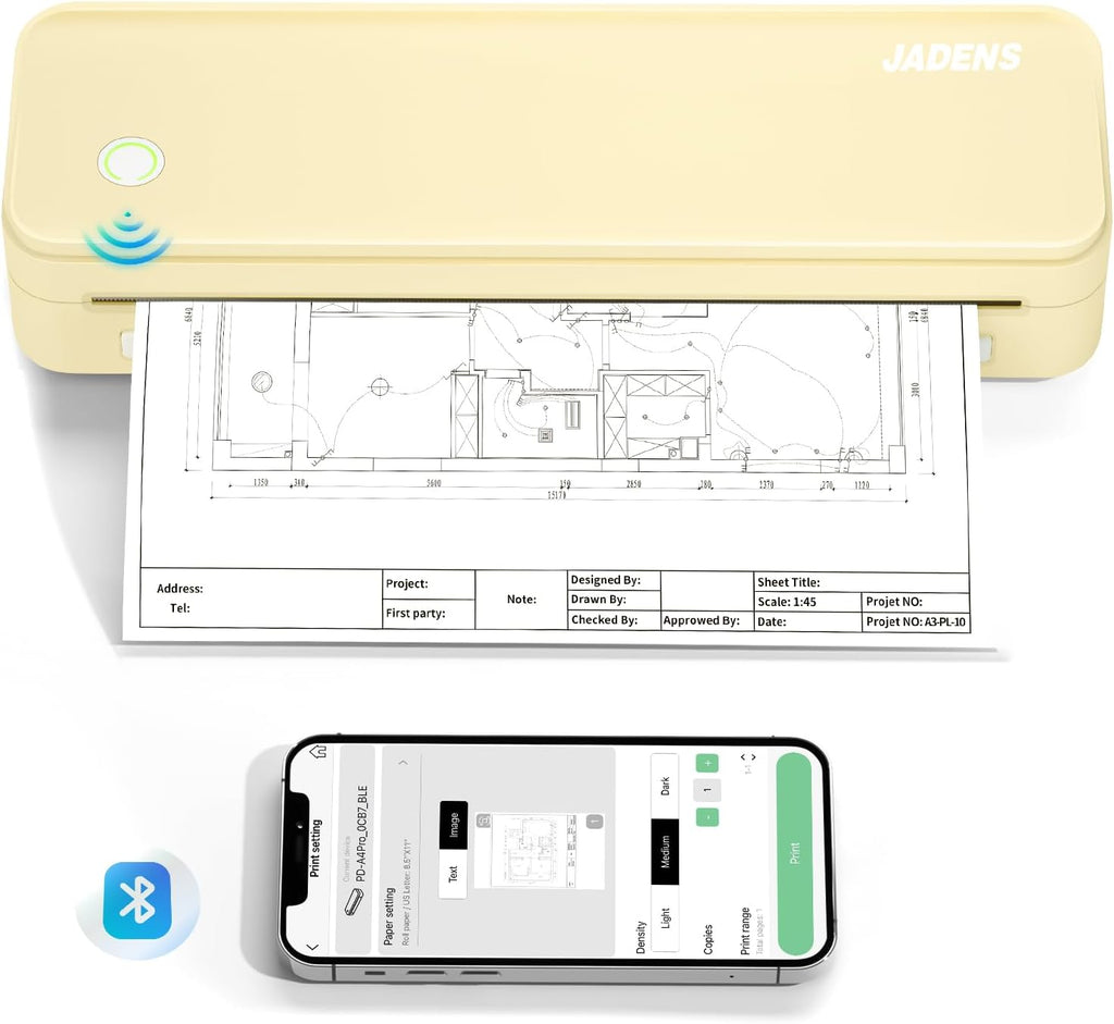 JADENS Portable Printers Wireless for Travel, Thermal Inkless Printer, Support 8.5" X 11" Thermal Paper(Yellow)