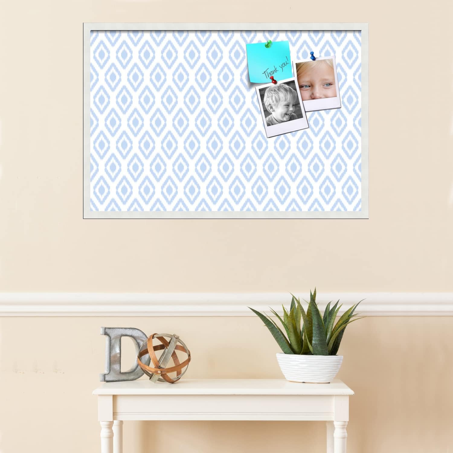 PinPix 36x24 inch Cork Bulletin Board. This Decorative Framed Pin Board Comes with Ikat Light Blue Design and Satin White Frame. Ideal for Home, Office Decor or School (PinPix-1633)