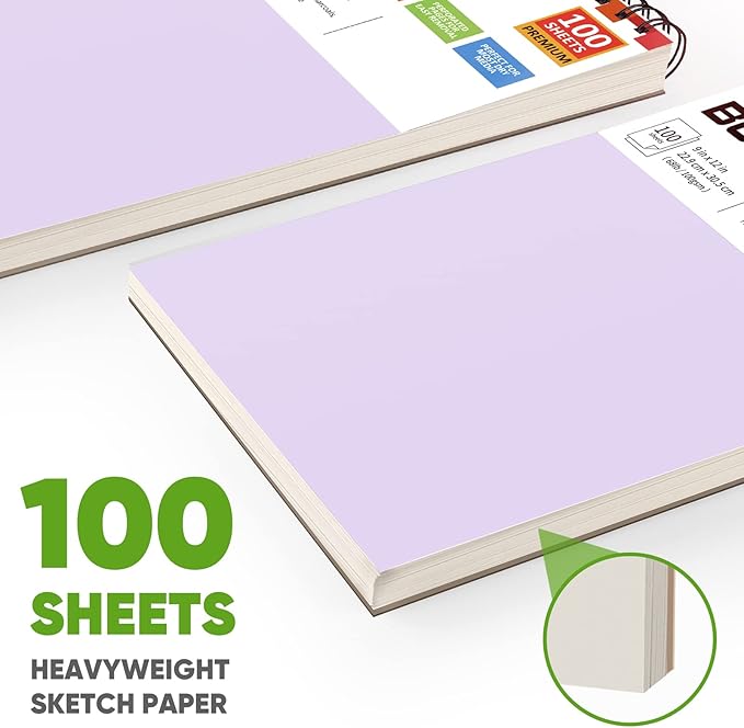 Soucolor 9" x 12" Aesthetic Sketch Book, 1-Pack 100 Sheets School Supplies Cute Sketchbook for Women, Japanese Stationary Sketching Supplies for Kids Teen Girl Gifts Birthday Gifts, Pastel Purple