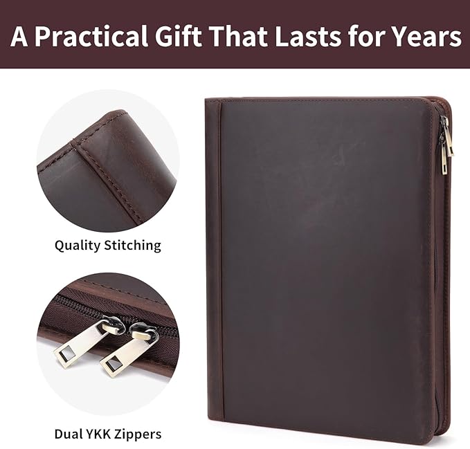 Genuine Leather Portfolio Binder, Zippered Padfolio for Men Women, Business Folio with 8.5” x 11” Notebook Holder and 13” Laptop Sleeve, Professional Executive Folder, Dark Brown