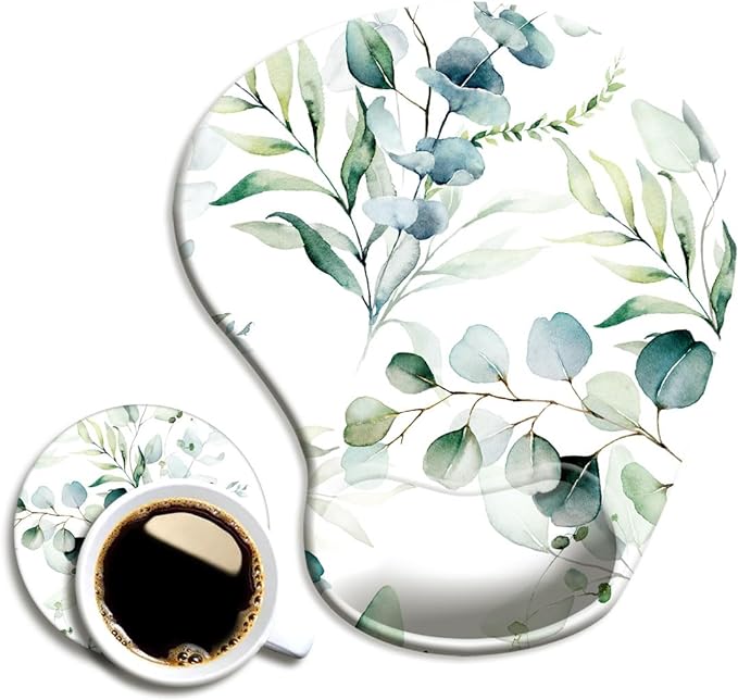 DOOKE Ergonomic Mouse Pad with Wrist Support and Coaster,Mouse Pads with Non-Slip PU Base for Home Office Working Studying Easy Typing & Pain Relief Eucalyptus Leaves