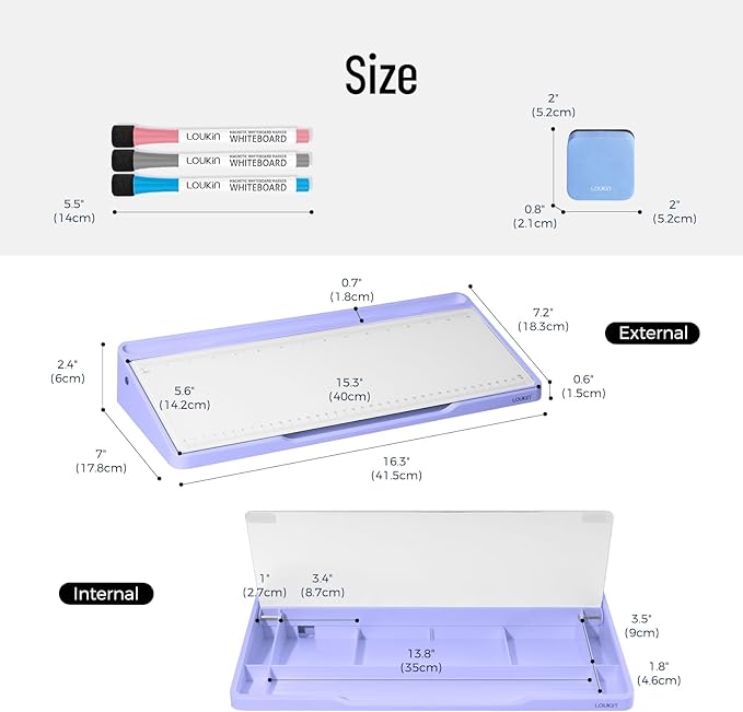 LOUKIN Glass Desktop Whiteboard, 15.3" x 5.6" Desktop Dry Erase Board with Dotted and Graduated Surface, Desktop Buddy, Great for Design and Drawing, 3 Markers and 1 Dry Erase Eraser Included (Purple)