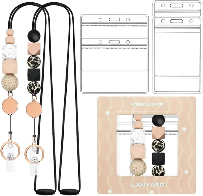 2PCS Retractable Lanyards for ID Badges and Keys, Cute Breakaway Teacher Lanyard with Badge Holders and Reels, Silicone Beaded Lanyard for Women, Nurses, Office with 4 Waterproof Card Holders