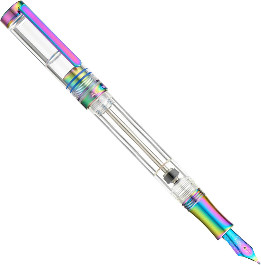 Asvine V200 Titanium Fountain Pen Vacuum Filling, Rainbow Bock Fine Nib Transparent Acrylic Smooth Writing Pen Case Set