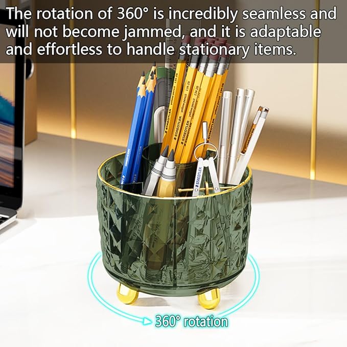 Dark Green Pen Pencil Holder for Desk, 360° Rotating Pen Organizer, Green Office Supplies, Cute Pen Holder, 6-Compartment Pencil Holder Rotating