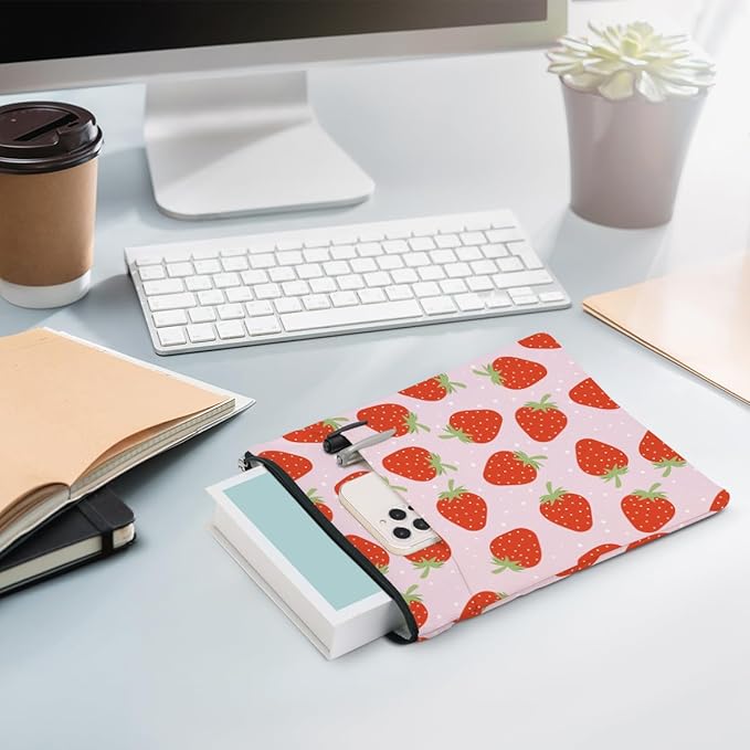 Strawberry Pattern Book Lovers Gifts Waterproof Book Sleeve Book Pouch Book Protector with Zipper and Front Pocket BookCover Case for Women Girl Daughter Mom Book Accessories Book Club Gifts
