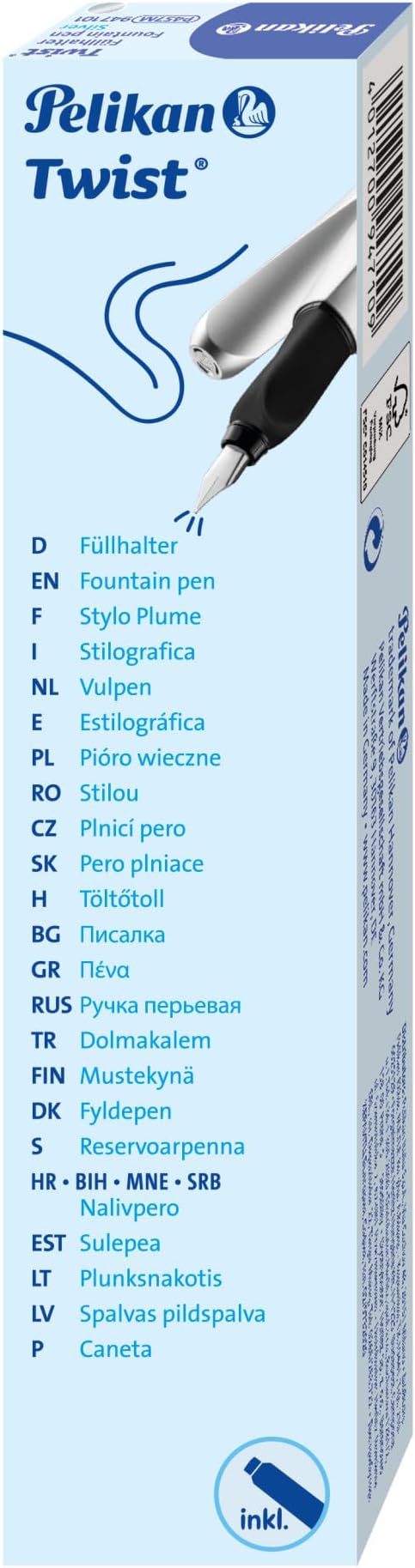 Pelikan Twist Fountain Pen with 1 Ink Cartridge, Medium Nib, Silver, Boxed (947101)