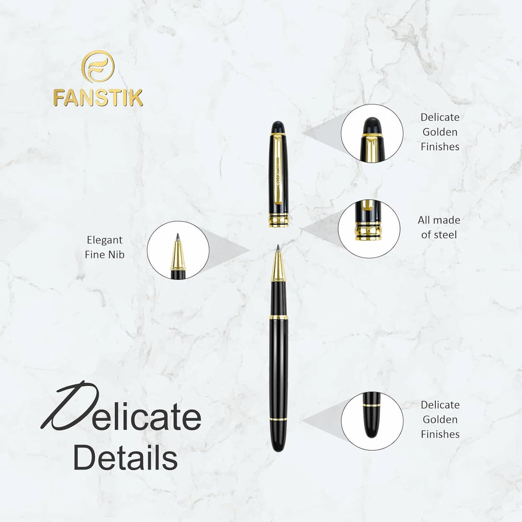 Customized RollerBall pen with name (MADE IN USA), stainless steel, black and gold, luxury engraved pen personalized for men and for women. (RollerBall Black-Gold)