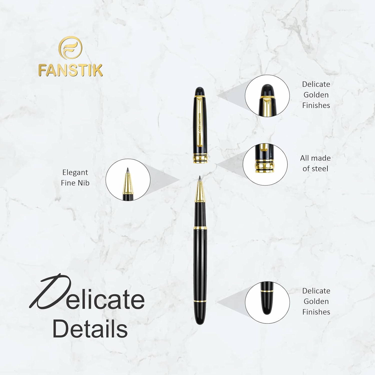 Customized RollerBall pen with name (MADE IN USA), stainless steel, black and gold, luxury engraved pen personalized for men and for women. (RollerBall Black-Gold)