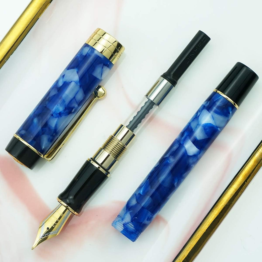 Jinhao 100 Fountain Pen Celluloid Classic Style, #6 Nib Smooth Writing Instrument with Refillable Converter and Pen Case Set