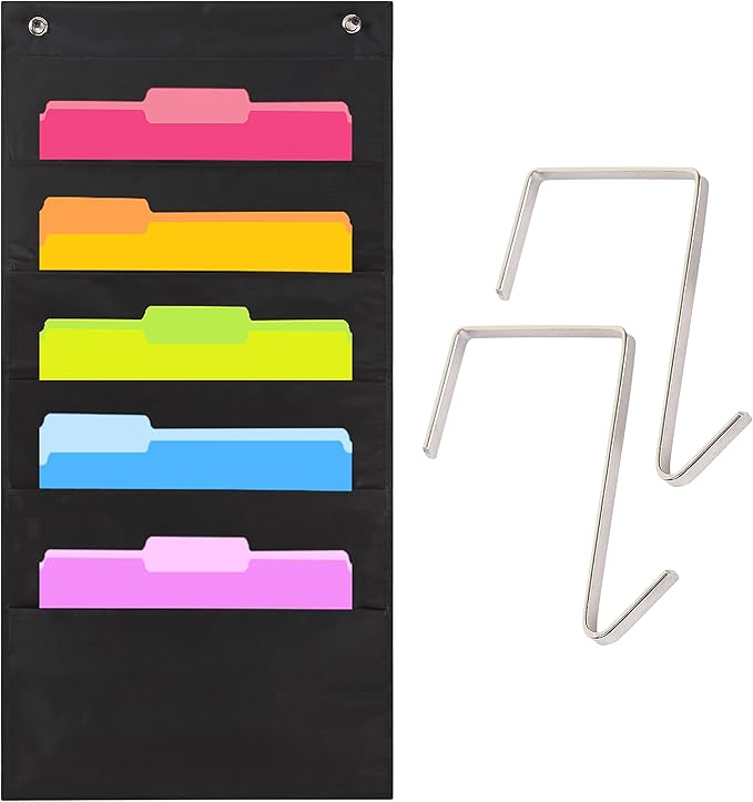 Hippo Creation Heavy Duty Storage Pocket Chart for Classroom, 5 Pocket Storage Organizer with 2 Over-Door Hangers, Hanging Wall Organizer for File Folders, School Mailbox, Home Office Papers - Black