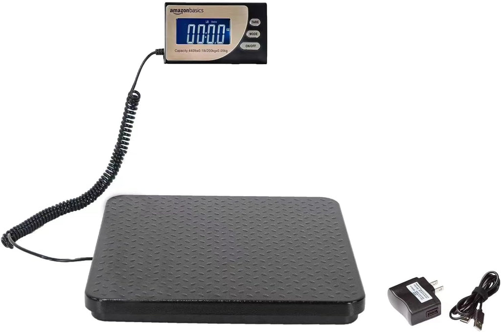 Amazon Basics Digital Postal Scale, Heavy Duty, Aluminium Platform, 440 lb Capacity, 1 Ounce Readability, Black