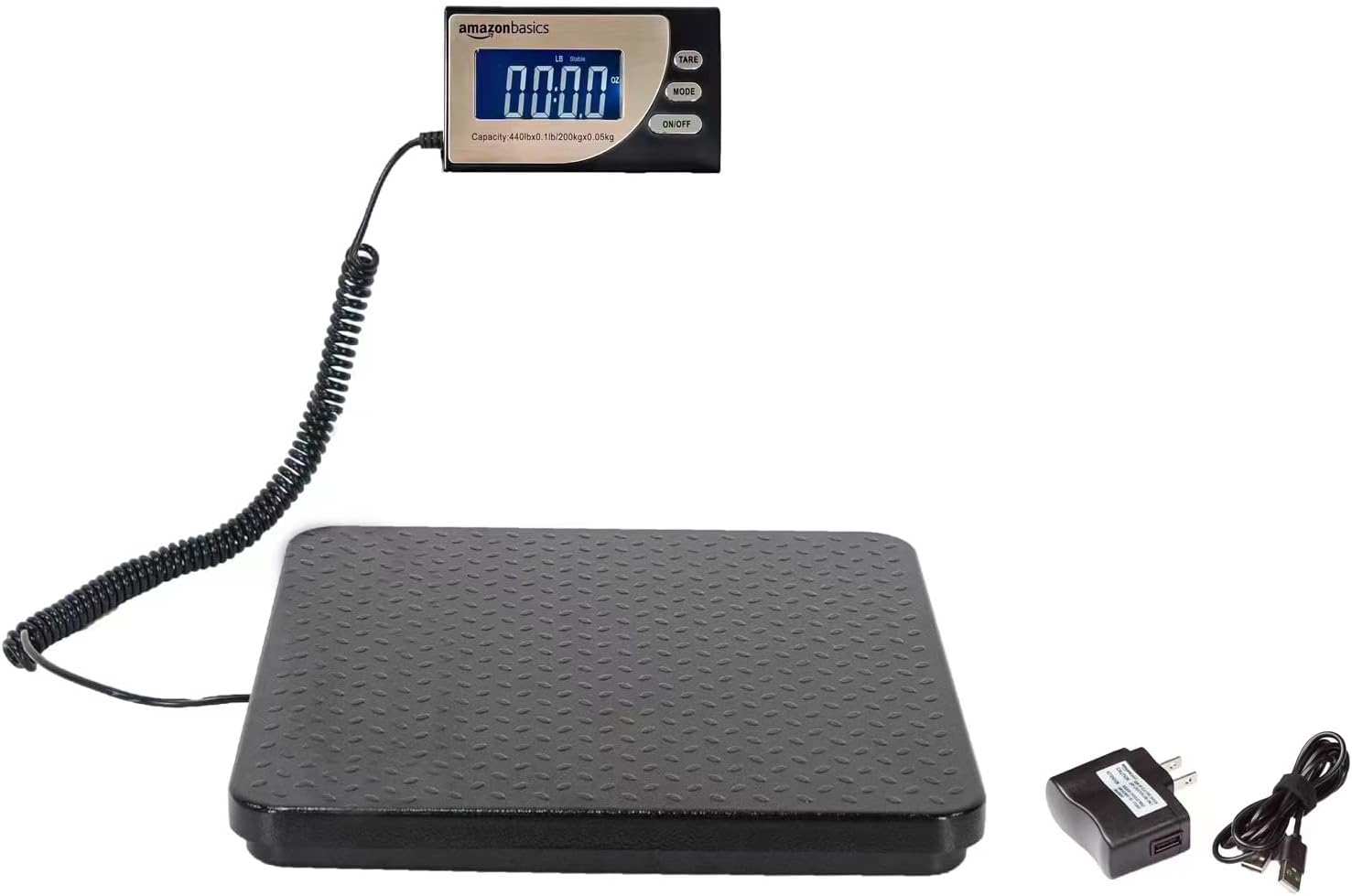 Amazon Basics Digital Postal Scale, Heavy Duty, Aluminium Platform, 440 lb Capacity, 1 Ounce Readability, Black