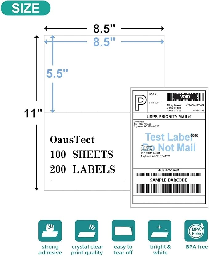 Half Sheet Shipping Labels Half Page Label Address Mailing Postage Labels, Laser & Inkjet Printer Compatible, 5126/8126 (100 Sheets, 200 Labels)