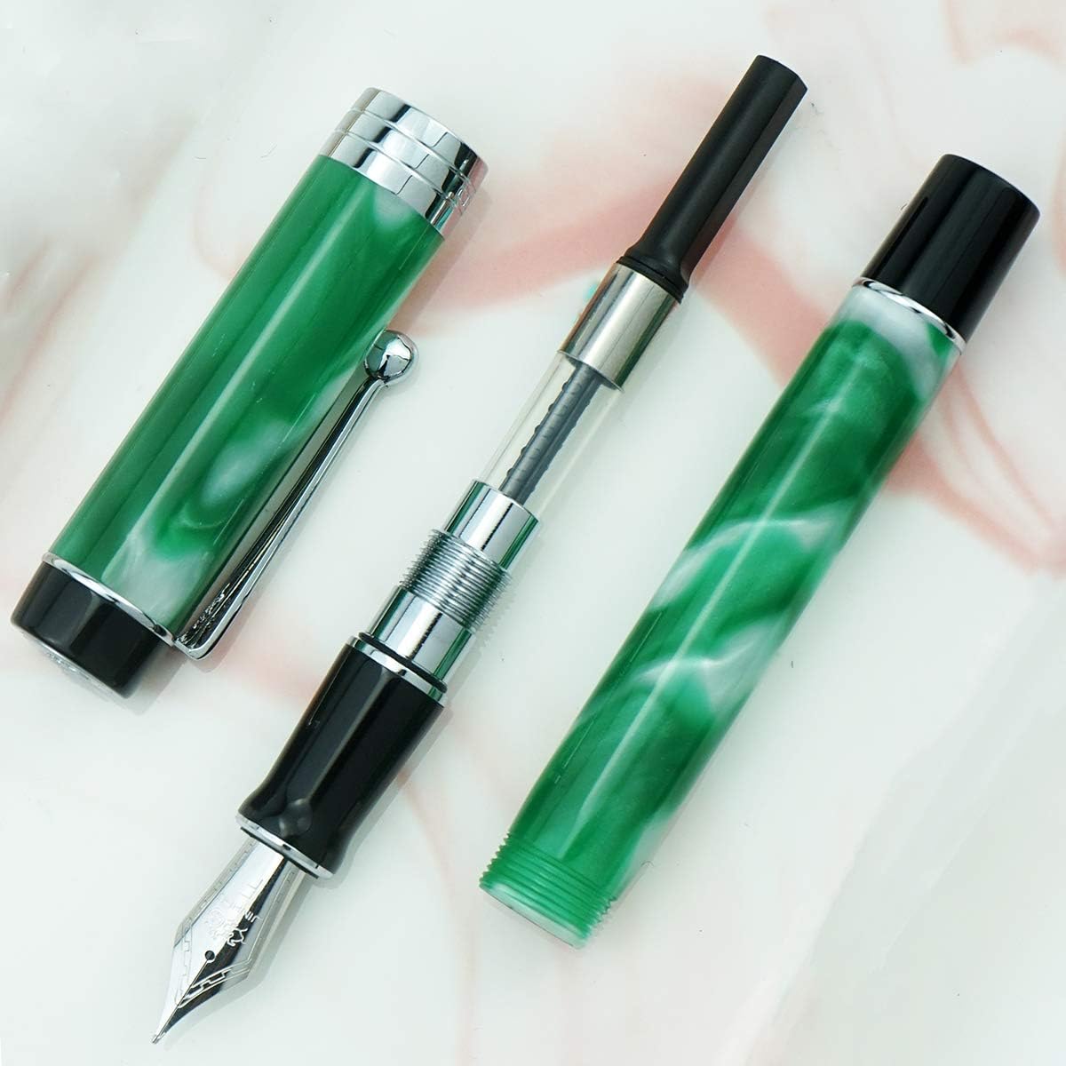 Jinhao 100 Fountain Pen Celluloid Classic Style, #6 Nib Smooth Writing Instrument with Refillable Converter and Pen Case Set