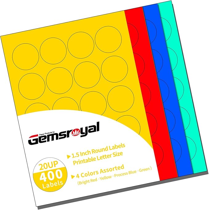 1.5 Inch Colored Round Labels,4 Colors Assorted(Red,Yellow,Blue,Green),20 Sheets,400 Tags in Total,Color Coding Labels for Laser/Inkjet Printers,1.5" Colorful Dot Stickers,Letter Size