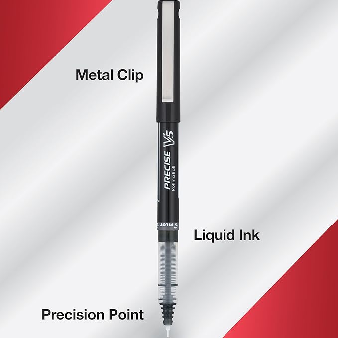 Pilot, Precise V5, Capped Liquid Ink Rolling Ball Pens, Extra Fine Point 0.5 mm, Black, Pack of 5