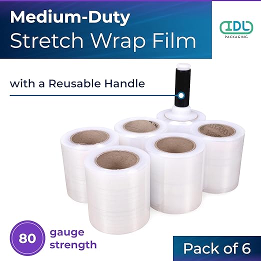 IDL Packaging 5" x 1000' Stretch Wrap Mini Roll of 80 Gauge (6 Rolls) with Plastic Handle - Extra Sticky Clear Plastic Wrap Film - Great for Moving and Office Needs - Self-Adhesive Wrap Packaging