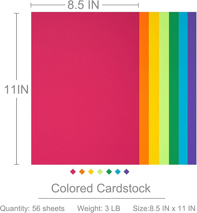Colored Cardstock 8.5 in x 11 in,56 Sheet Classic Rainbow Index Paper 300 GSM/110 LB HeavyWeight Card Stock Set of 7 Colors for Cutting DIY Kids Art Craft