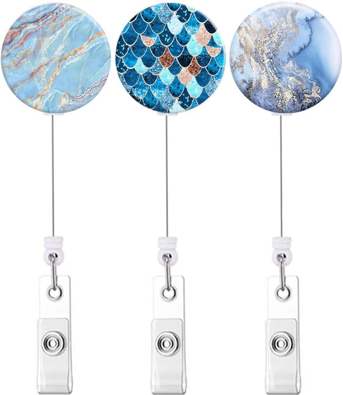 Retractable ID Badge Holder Nurse Badge Reels with Clip Name Card Holders for Office Worker Doctor Nurse (Marble Blue 3-3)