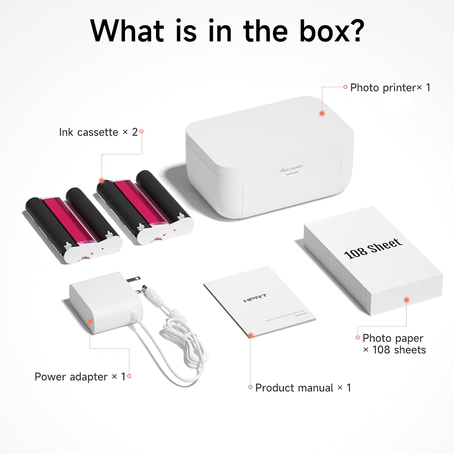 HPRT Photo Printer 4x6 with 108 Sheet Photo Paper& 2 Ribbon, Instant Picture Printer for iPhone, Smartphone, Thermal Dye Sublimation, WI-Fi Connnecting, Home Use, White