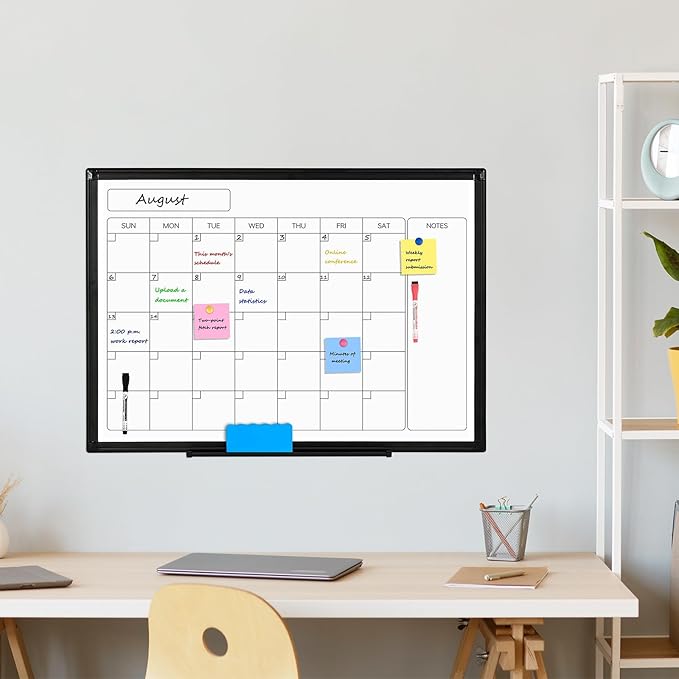 Monthly Calendar Dry Erase Whiteboard, 30" x 20" Magnetic Calendar White Board, Double-Sided Portable Board with Black Aluminium Frame for Office, Kitchen, School, Home