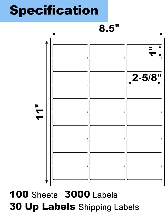 3000 Labels 30-up 1" x2-5/8 Shipping Address Barcode Labels for Laser & Inkjet Printers, Risepekt 100 Sheets 30 Up Labels 1x2.625 on US Letter, 30 per Sheet Return Address Labels, 30 per Page Labels