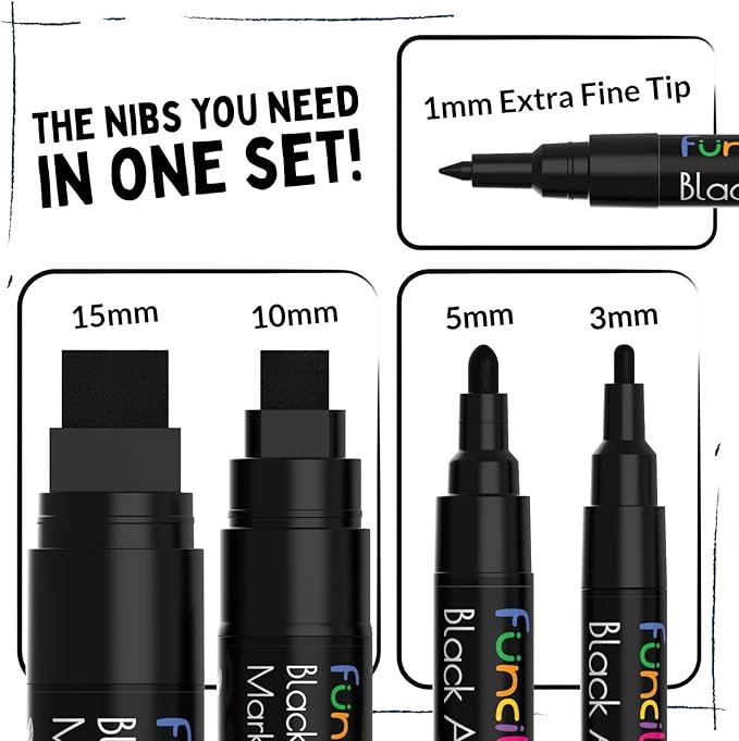 5 Acrylic Black Paint Pen - Fine Tip, Thin Point & Jumbo Pens (1mm, 3mm, 6mm, 10mm, 15mm) - Black Paint Marker for Plastic, Canvas, Wood, Rock Painting, Fabric, Tire, Metal, Glass